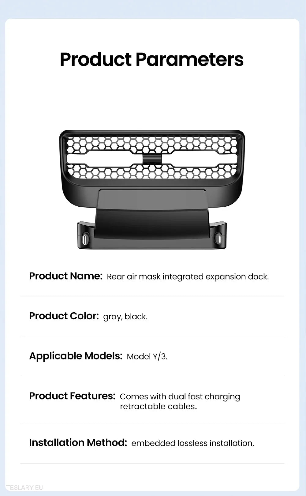 Tesla 3/Y Rear Air Vent USB with Retractable Cables -TESLARY.IE Tesla Shop Europe